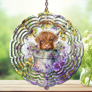 Highland cow wind spinner design featuring an adorable cow in a flower pot surrounded by vibrant floral patterns.