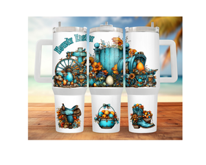 30 oz 40 oz stainless steel Easter tumblers featuring festive floral designs and Easter eggs on a beach background.
