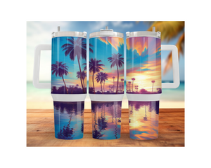 Beach stainless steel tumblers featuring tropical sunset and palm tree designs, perfect for staying refreshed at the beach.