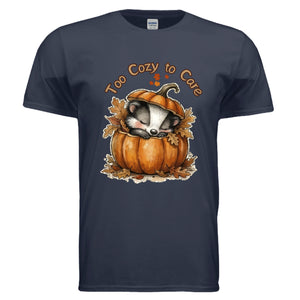 Too Cozy Graphic Tee featuring a cute animal sleeping in a pumpkin, perfect cozy graphic tee for fall.