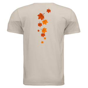 Back view of a fall graphic tee featuring cascading orange leaves design.