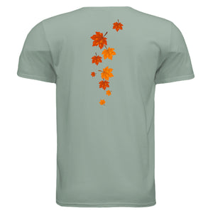 Back view of Too Cozy Too Care fall graphic tee featuring colorful autumn leaves design.