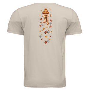 Back view of the Leaf Pile Badger Tee featuring whimsical fall graphics and leaves, perfect for autumn wear.