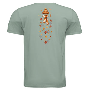 Back view of the Leaf Pile Badger Tee featuring playful fall graphic badger tee design with leaves and a scarf.
