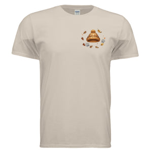 Leaf Pile Badger Pocket Tee in sand color featuring fall graphic pocket tee design with beanie and leaves.