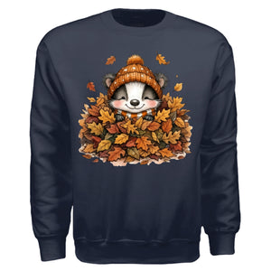 Leaf Pile Badger Sweatshirt with front graphic of badger in leaves, navy color, perfect fall graphic sweatshirt.