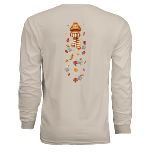Autumn Leaves Long Sleeve Tee featuring a graphic of a hat and scarf with falling autumn leaves on the back.