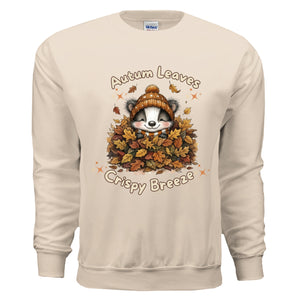 Autumn Leaves Sweatshirt featuring a cute raccoon in leaves design on a sand fleece crew for cozy fall days.