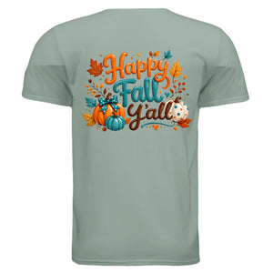 Happy Fall Tee featuring a fall graphic t-shirt design with pumpkins and autumn leaves.