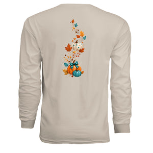 Happy Fall Long Sleeve Tee featuring whimsical pumpkin and leaf graphics on the back.
