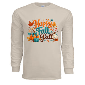 Happy Fall Long Sleeve Tee in sand color featuring vibrant autumn graphics on front and back.