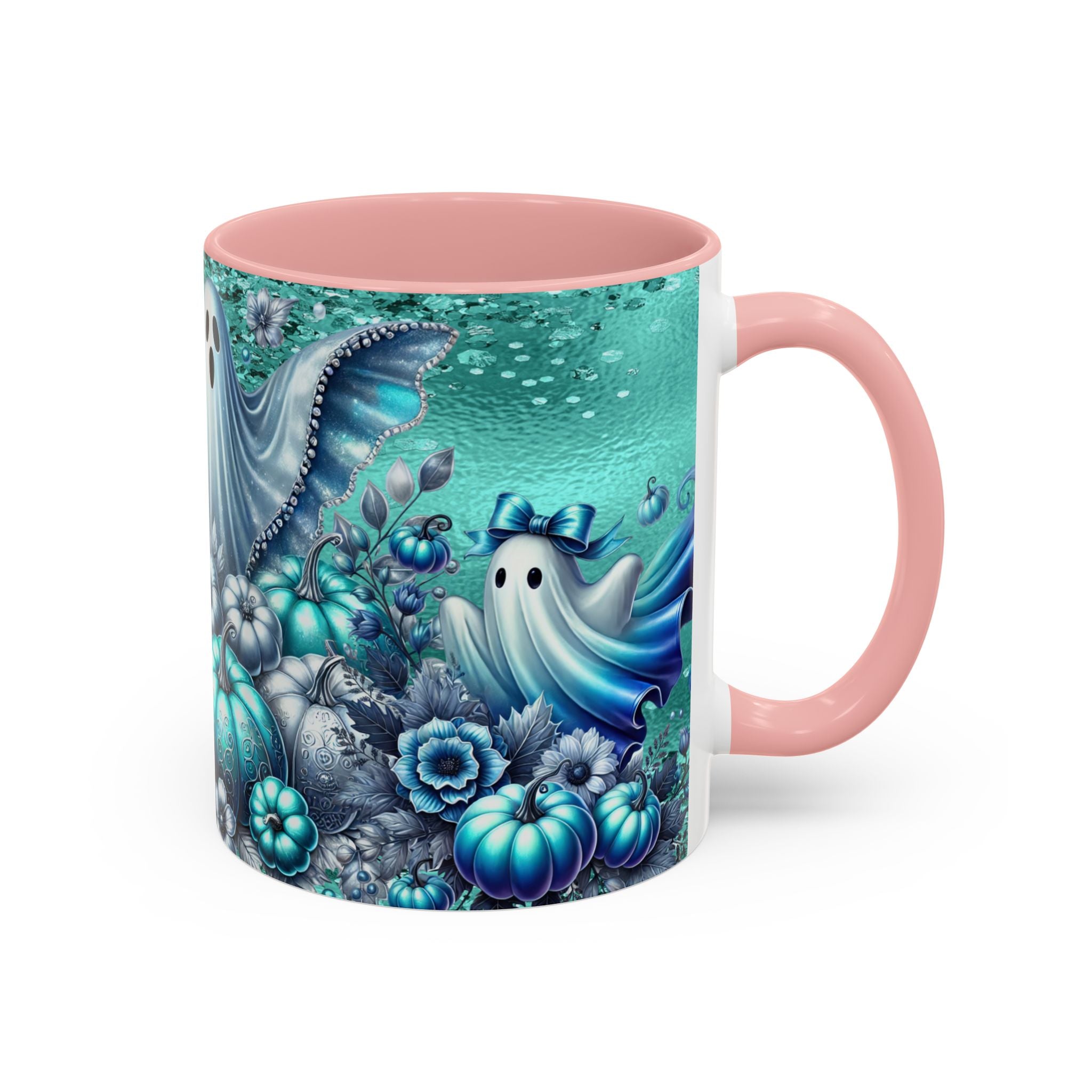 Teal Ghosts & Pumpkins Coffee Mug — Halloween Accent Mug (11/15 oz)