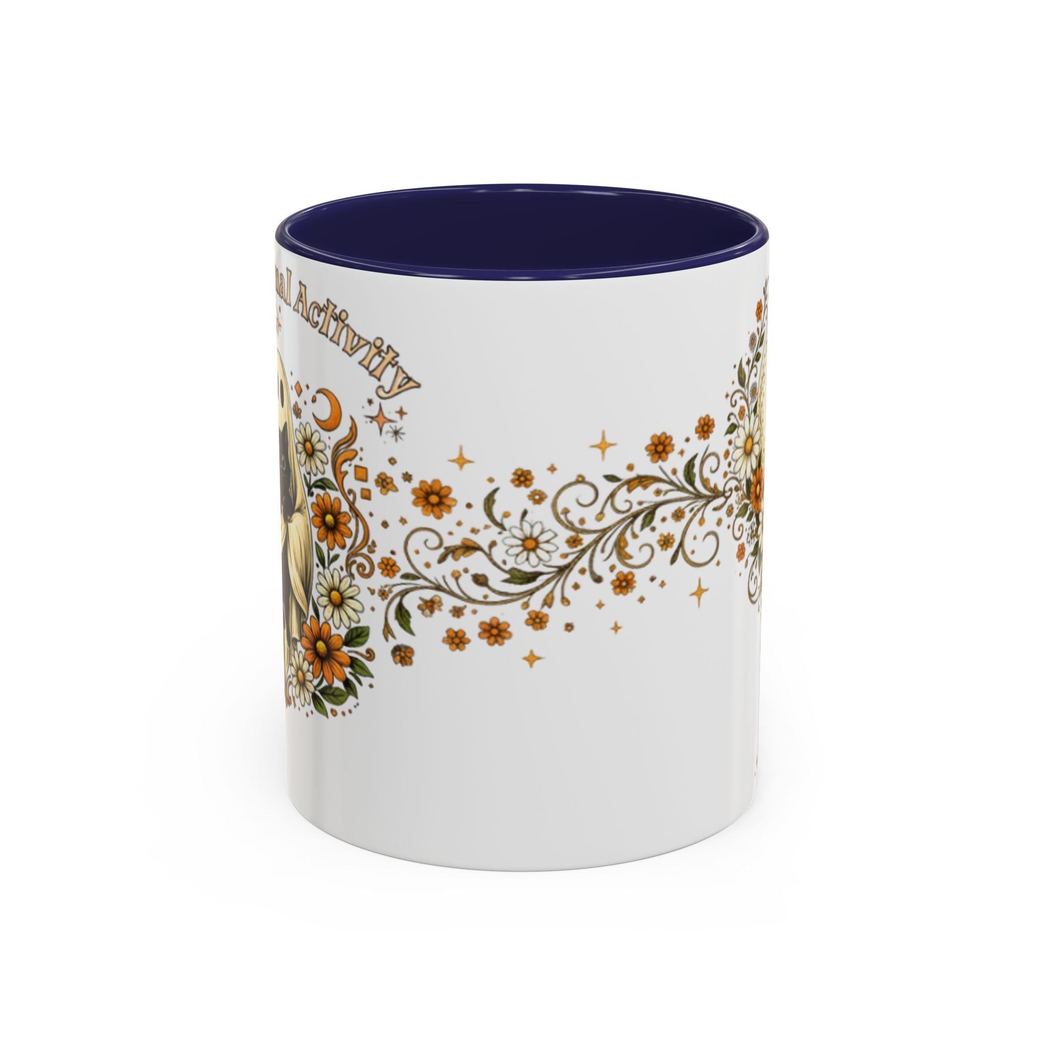 Purranormal Activity Accent Coffee Mug — Black Cat Crescent Moon Floral 11/15oz