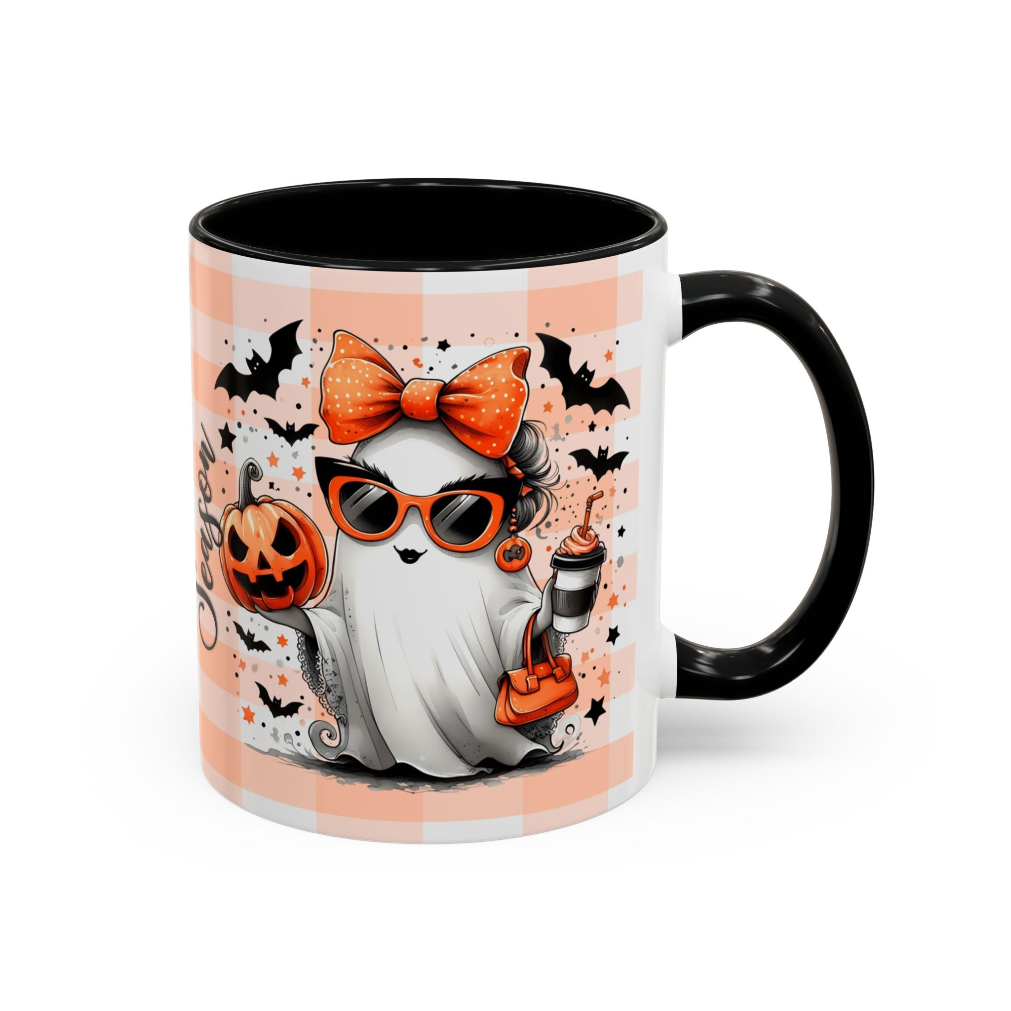 Spooky Season Accent Coffee Mug — Cute Halloween Ghost with Pumpkins (11/15oz)