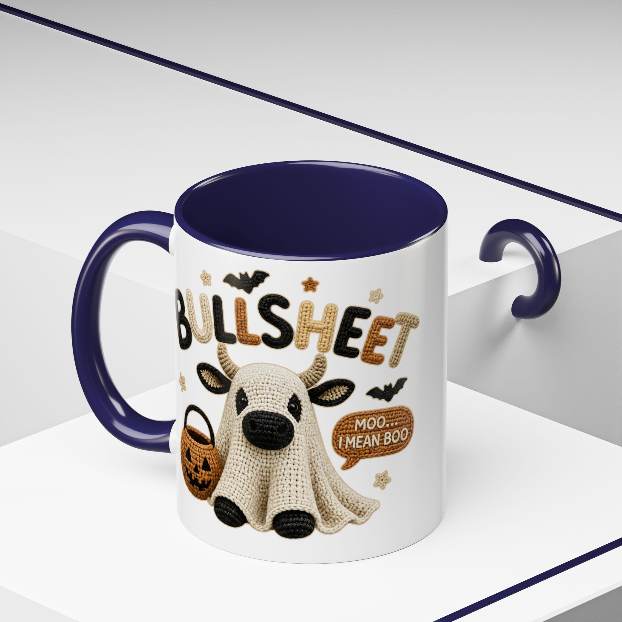 Bullsheet Faux Crochet Accent Coffee Mug — Cute Ghost Cow Trick-or-Treat Design (11oz)