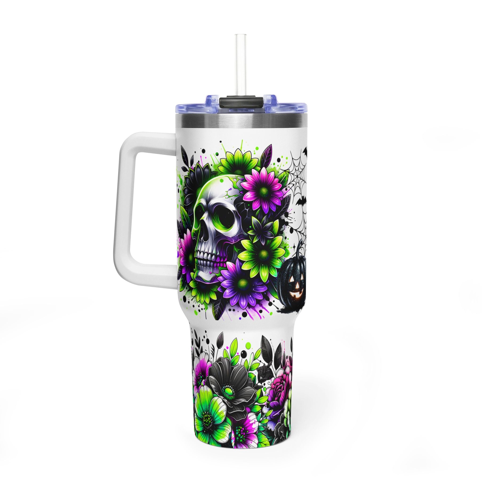 40oz Halloween Skull Tumbler — Floral Pumpkin Vacuum Travel Cup