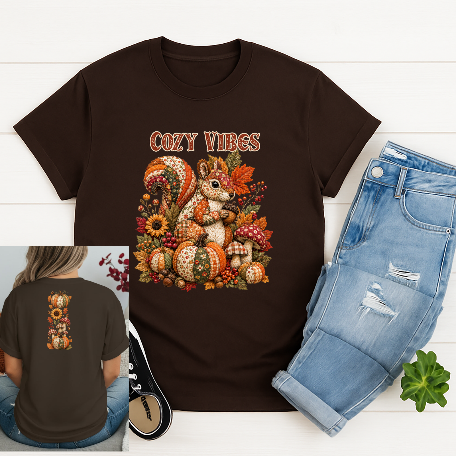 Cozy Vibes Squirrel Tee | Front & Back Fall Graphic T-Shirt TheCraftNook
