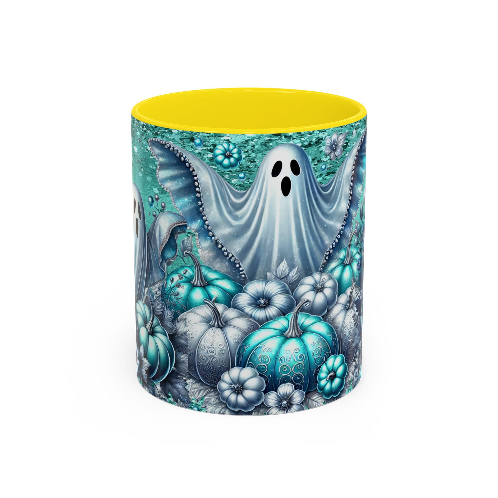 Teal Ghosts & Pumpkins Coffee Mug — Halloween Accent Mug (11/15 oz)