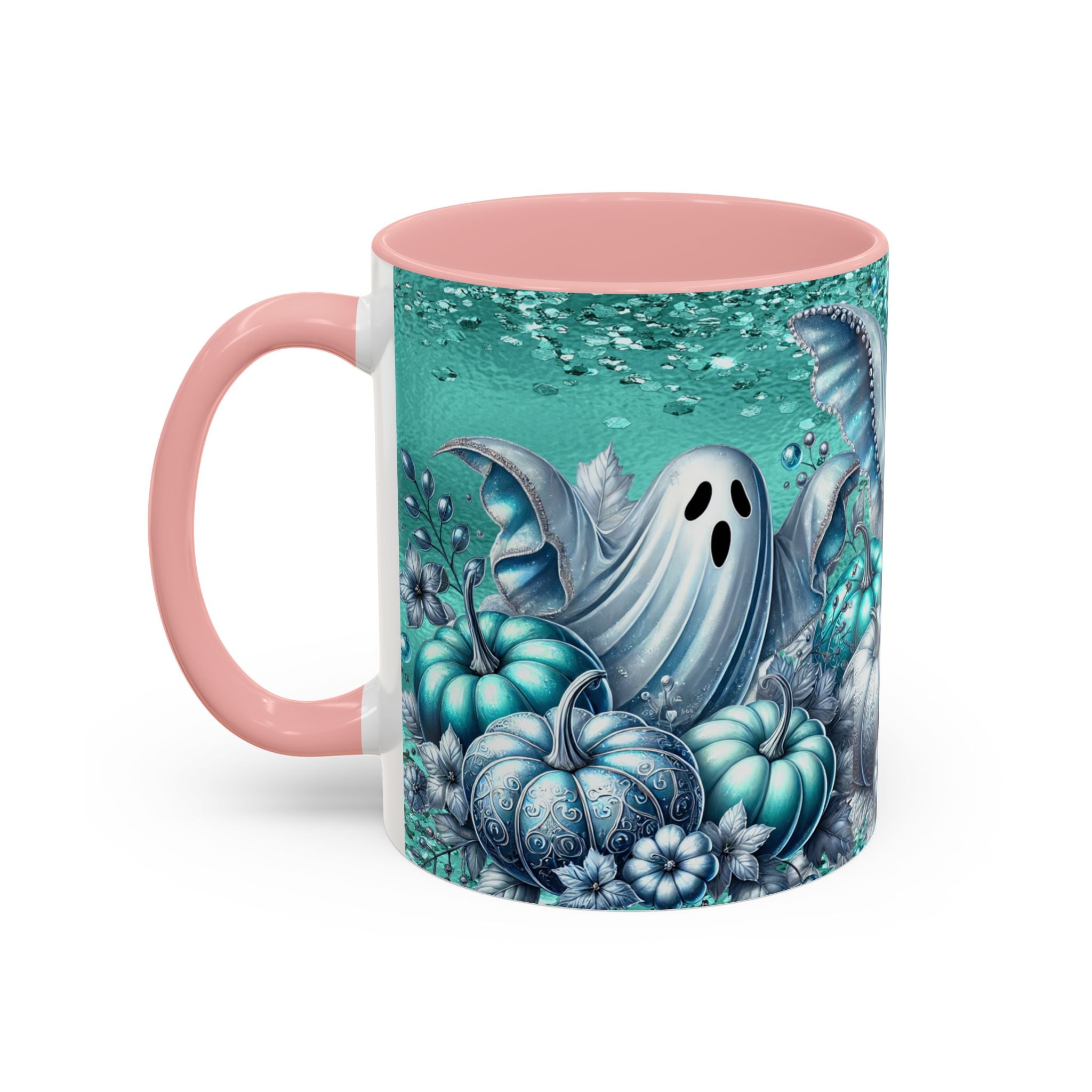 Teal Ghosts & Pumpkins Coffee Mug — Halloween Accent Mug (11/15 oz)