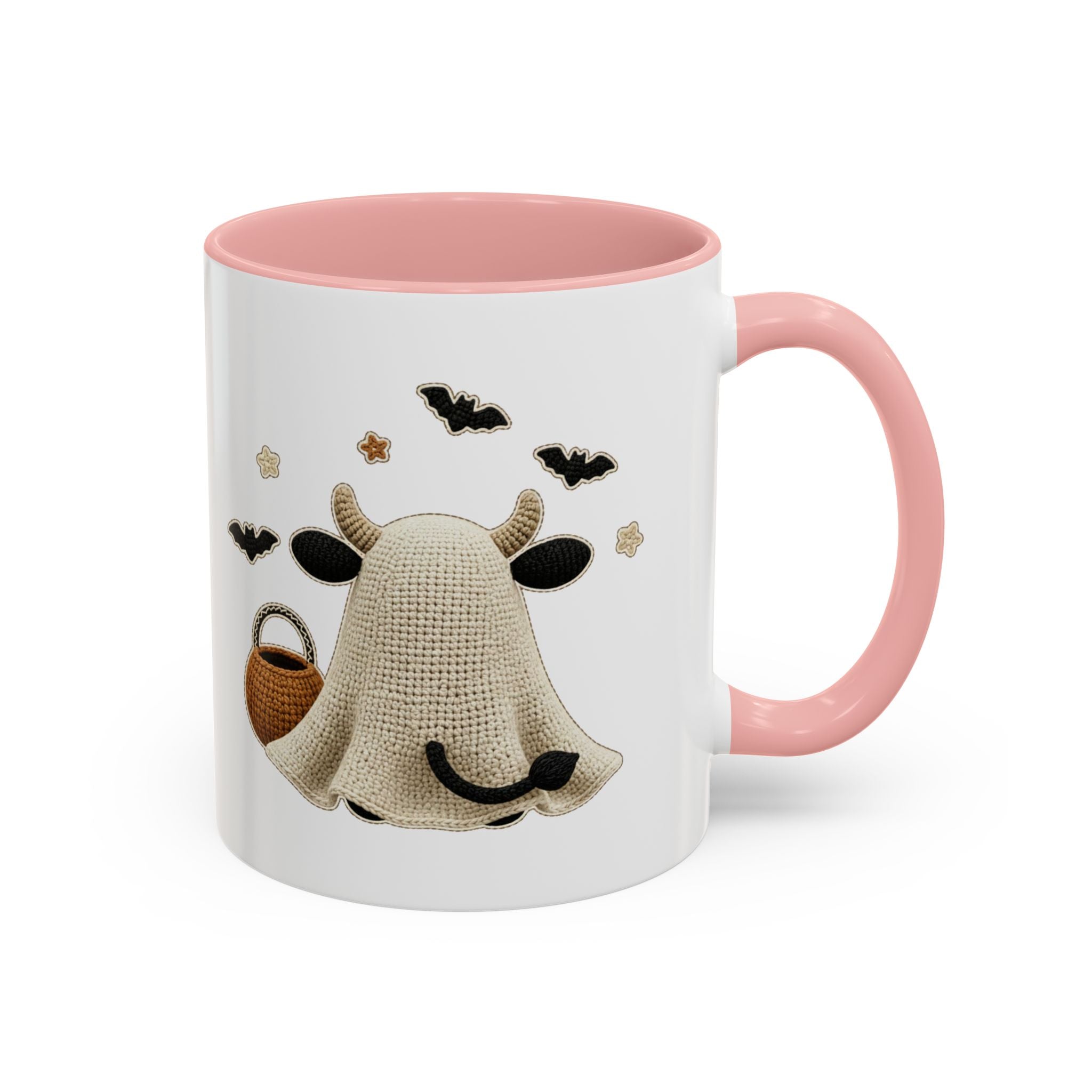 Bullsheet Faux Crochet Accent Coffee Mug — Cute Ghost Cow Trick-or-Treat Design (11oz)
