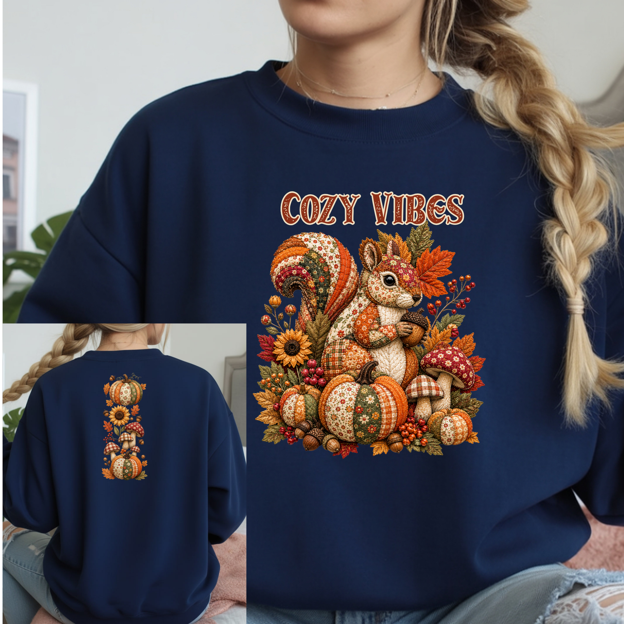 Cozy Vibes Patchwork Squirrel Sweatshirt | Front & Back Design