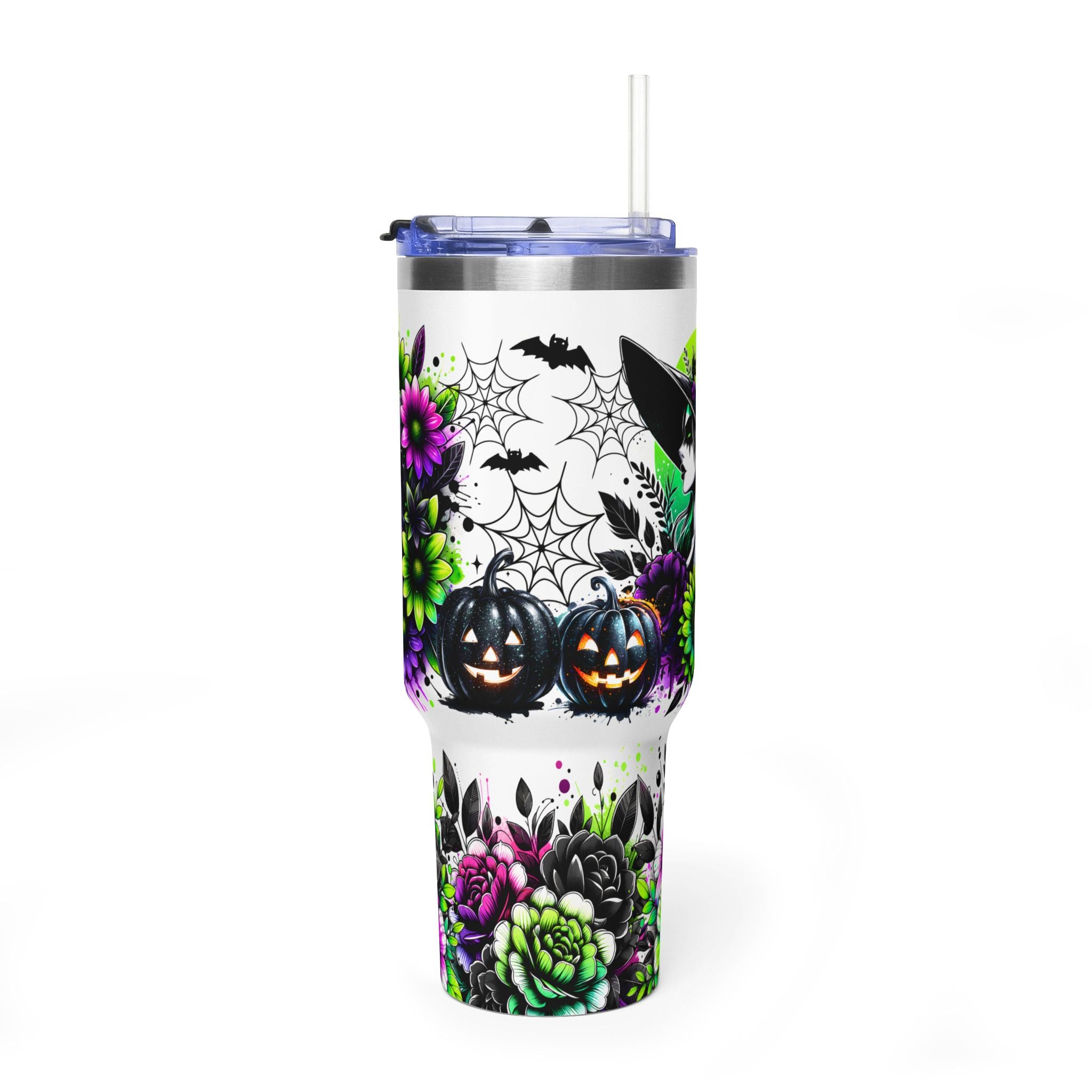 40oz Halloween Skull Tumbler — Floral Pumpkin Vacuum Travel Cup