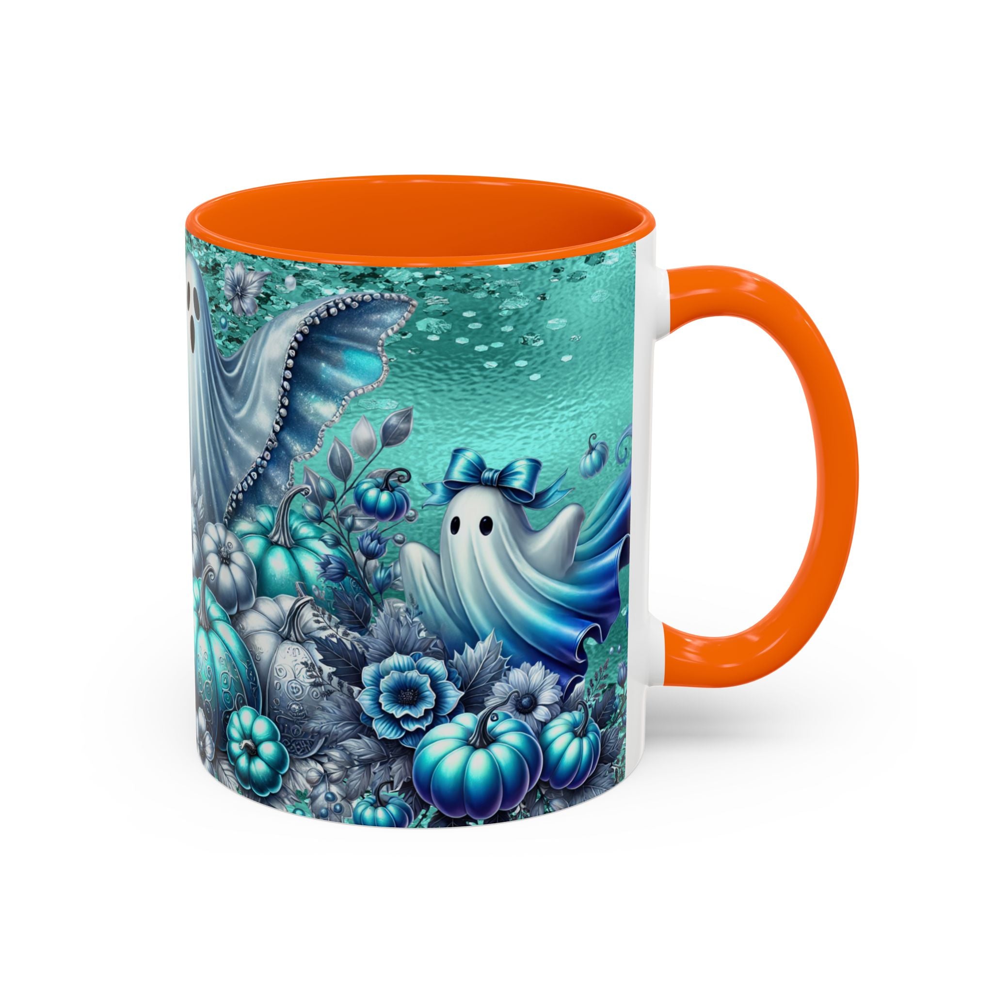 Teal Ghosts & Pumpkins Coffee Mug — Halloween Accent Mug (11/15 oz)