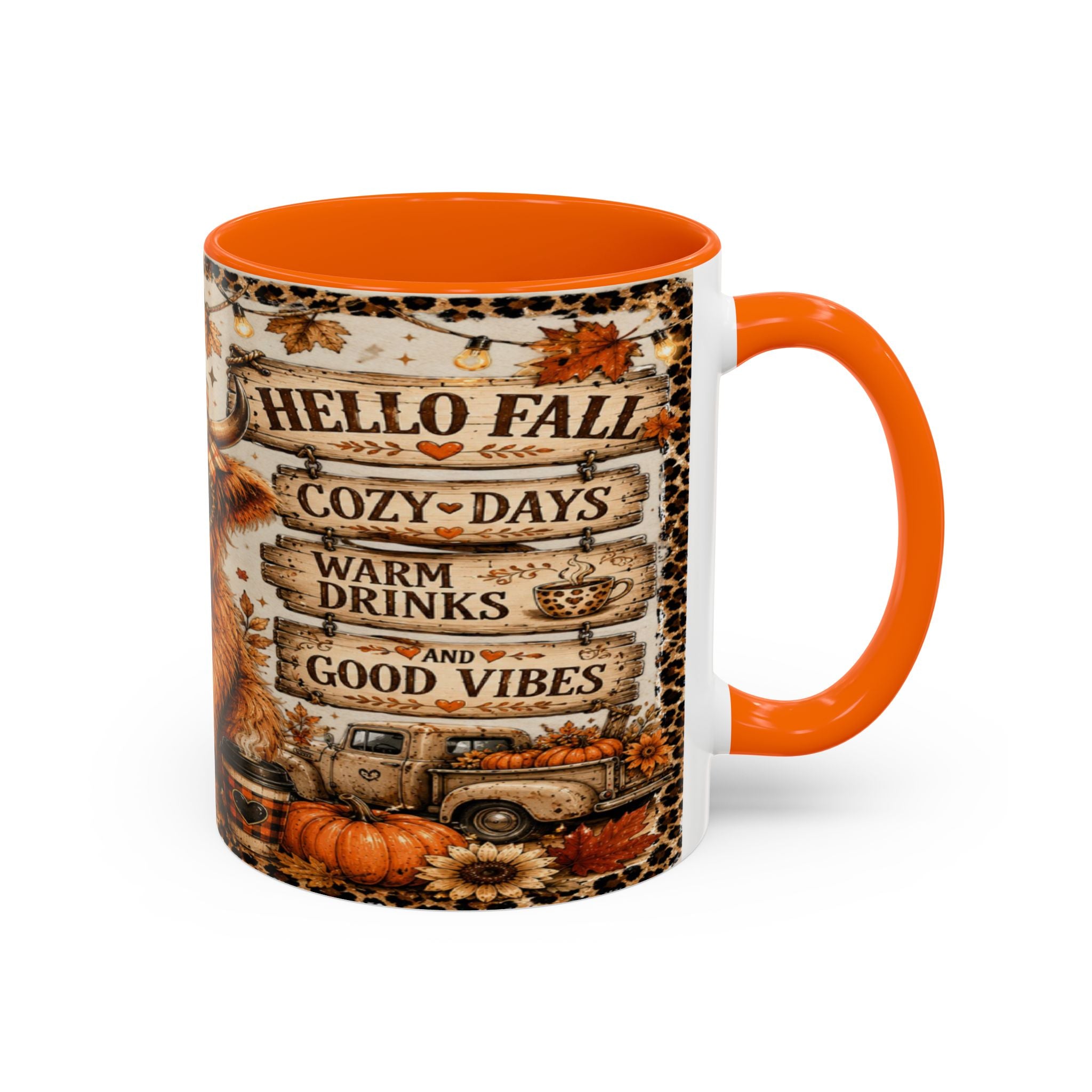 Hello Fall Accent Coffee Mug — Cozy Days, Warm Drinks & Good Vibes Autumn Mug