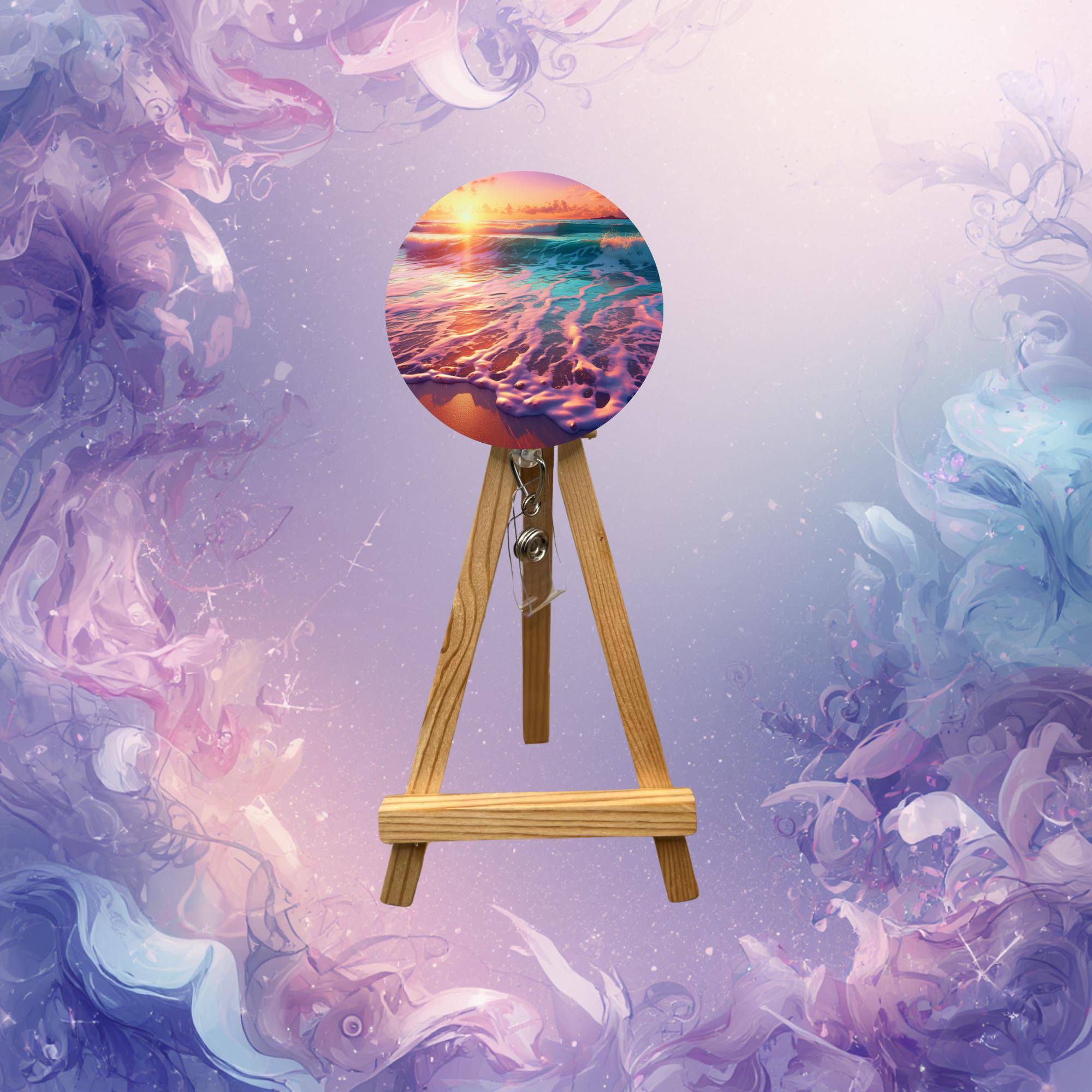 Beach badge pulls with glitter options featuring a sunset and ocean design on a round badge.