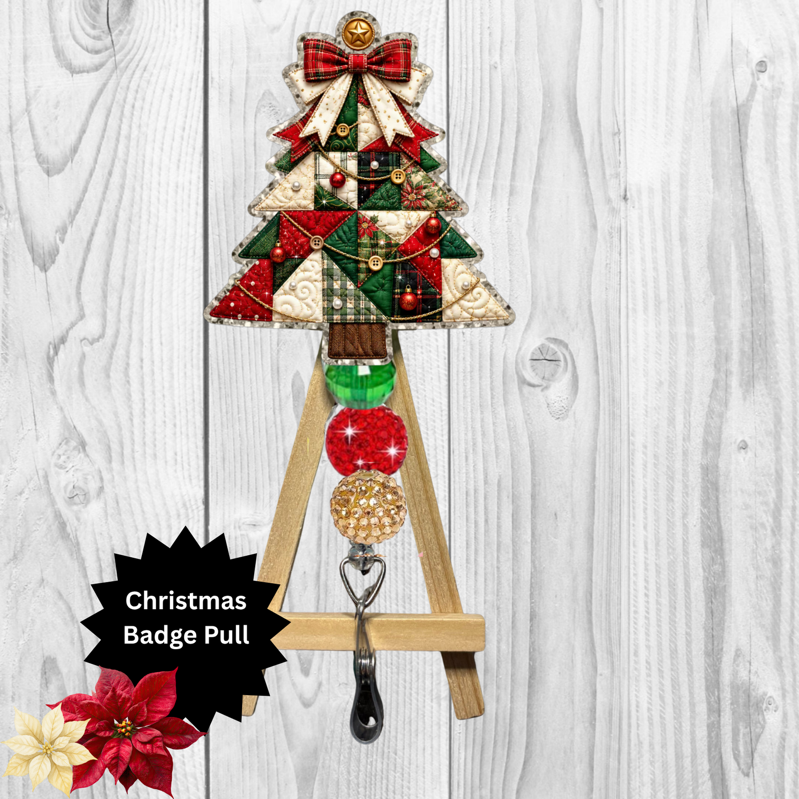 Patchwork Christmas Tree Glitter Badge Pull | Christmas Badge Reel Accessory TheCraftNook