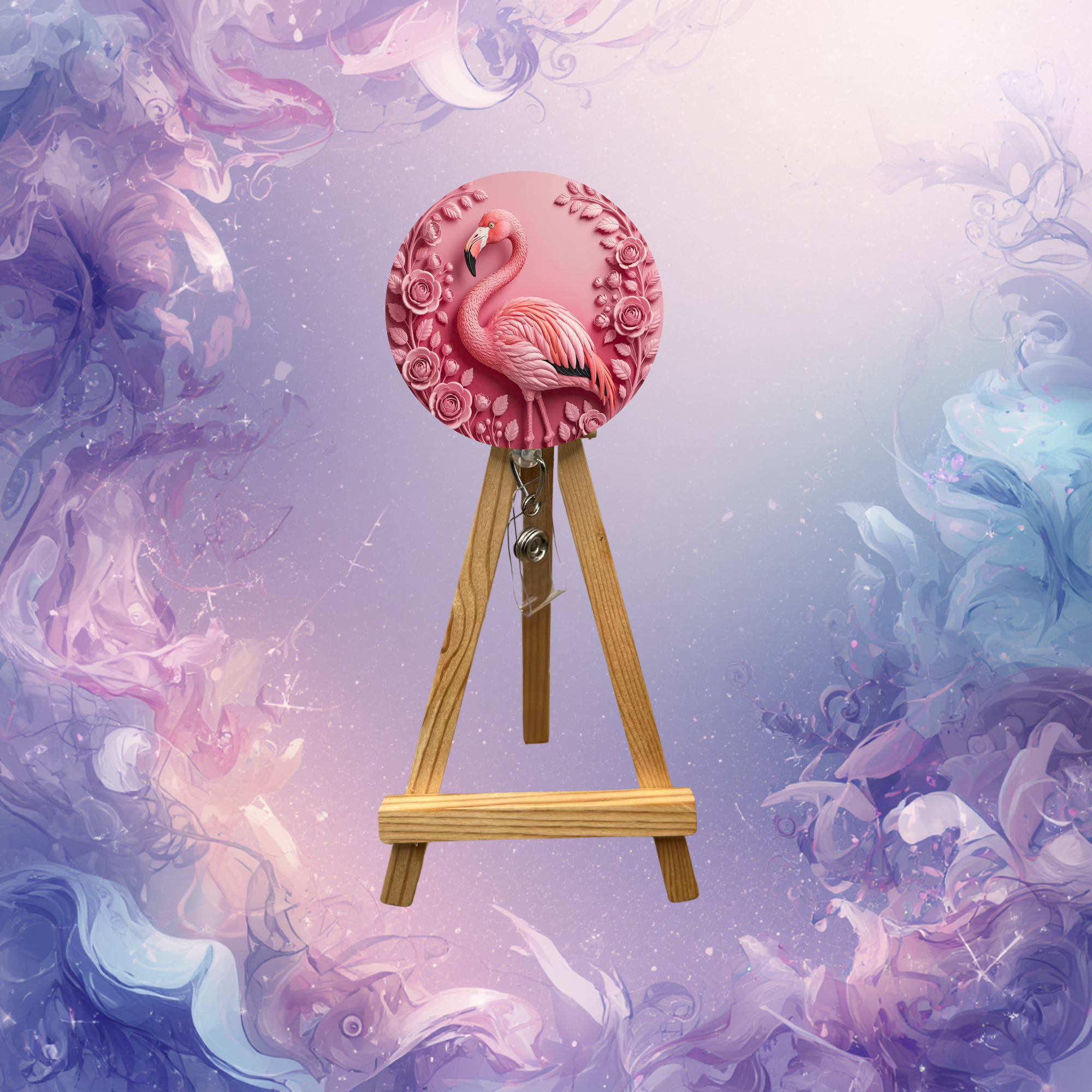 Pink Paradise flamingo badge pulls with beads on a display stand, featuring vibrant flamingo artwork against a pastel backdrop.