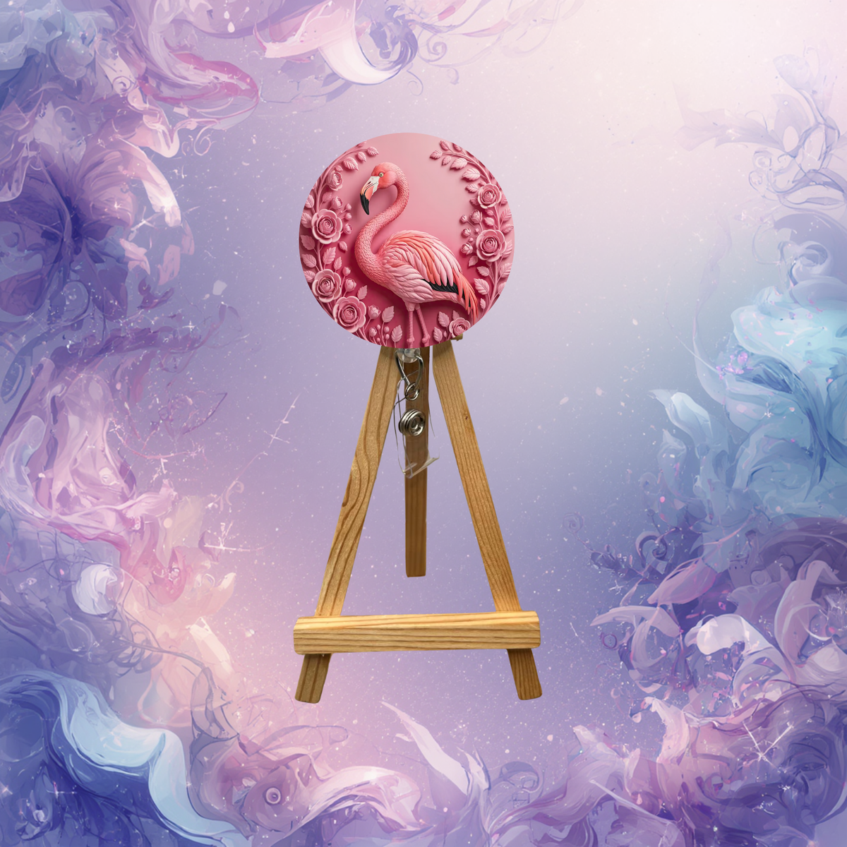 Pink Paradise flamingo badge pulls with beads on a display stand, featuring vibrant flamingo artwork against a pastel backdrop.