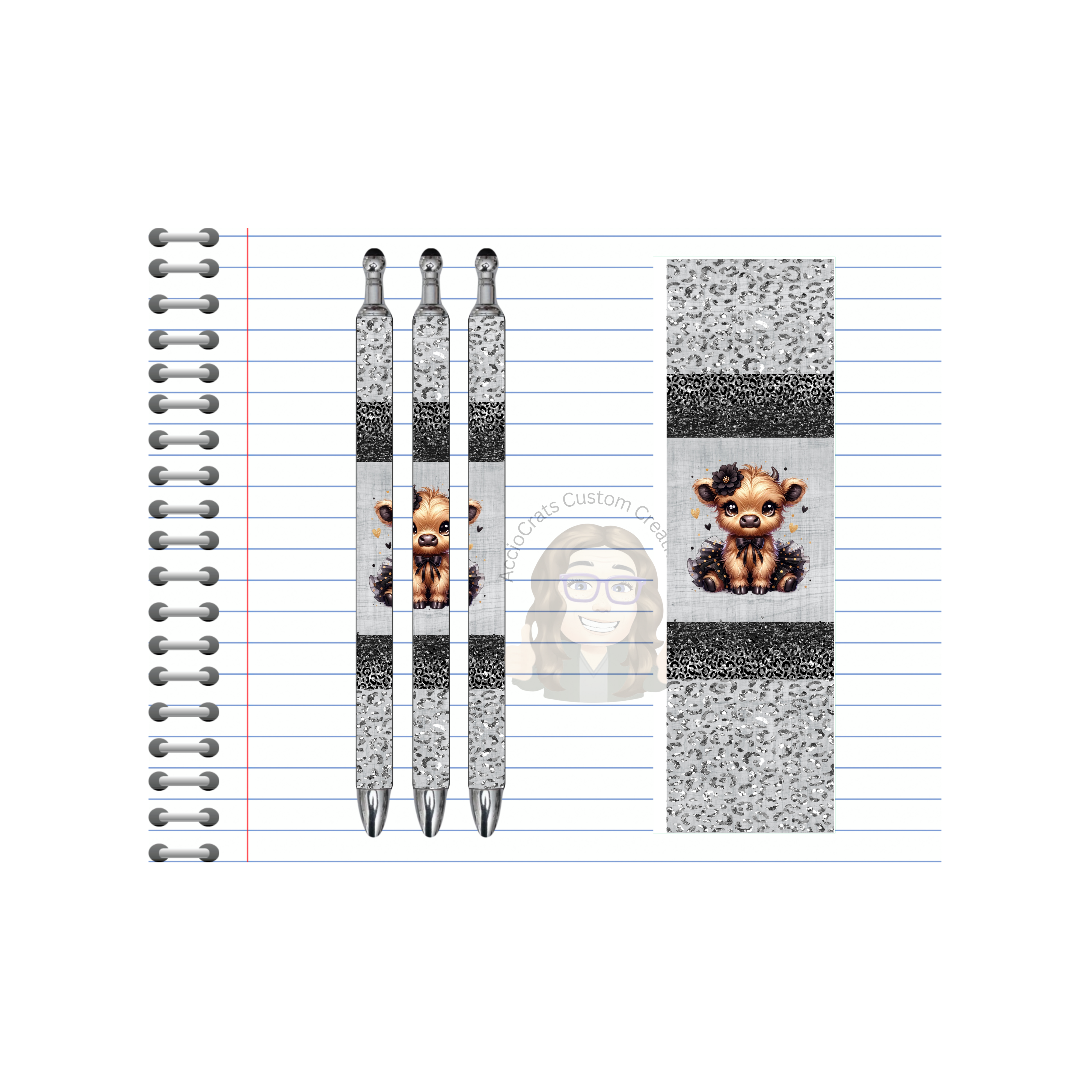 Highland cow refillable pens displayed on lined notebook, featuring cute designs for charming writing.