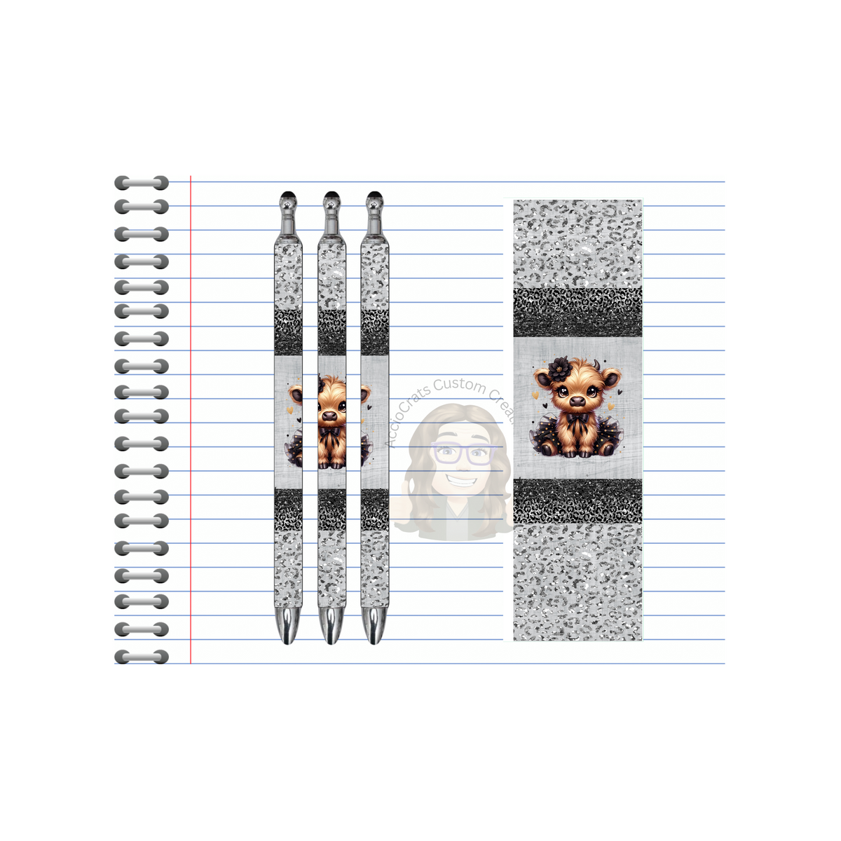Highland cow refillable pens displayed on lined notebook, featuring cute designs for charming writing.
