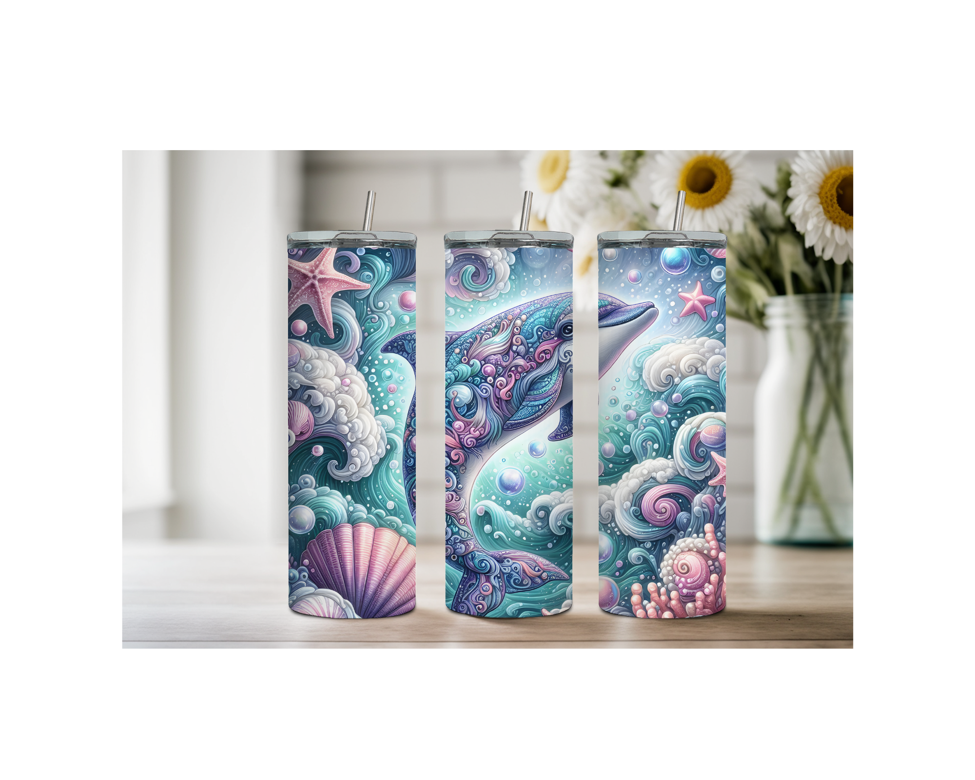 Dolphin stainless steel tumbler trio featuring whimsical ocean design with dolphins and sea life.