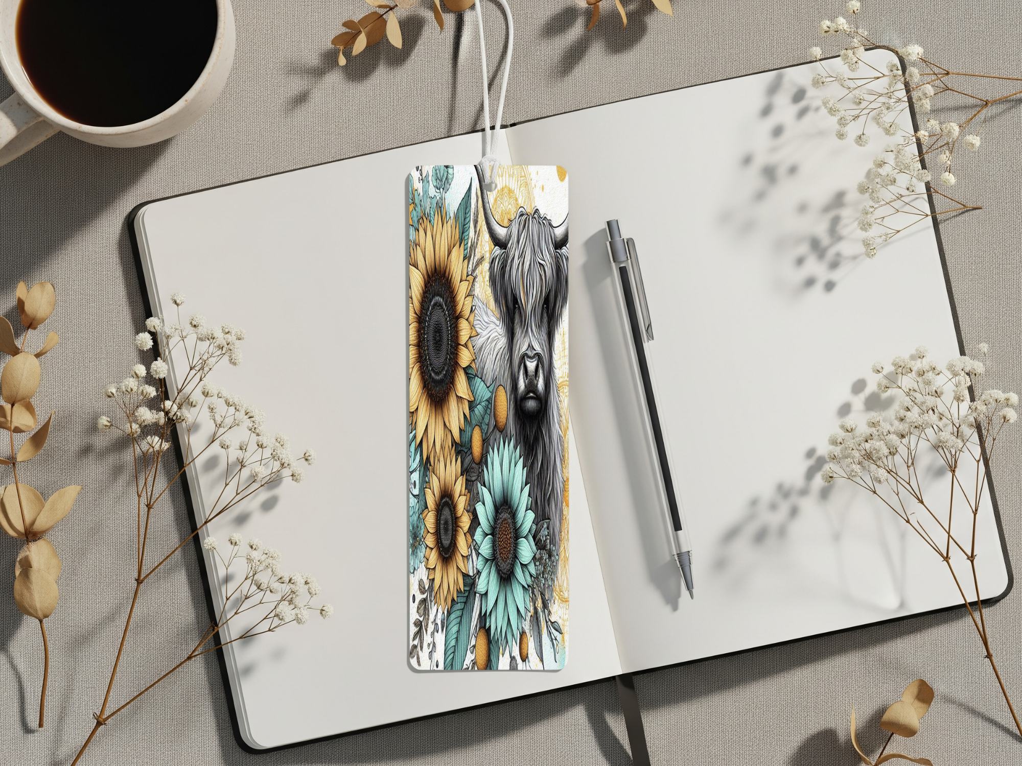 Highland cow metal bookmarks featuring vibrant sunflowers, perfect for book lovers and teachers.