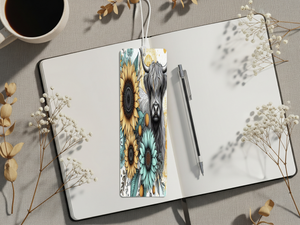 Highland cow metal bookmarks featuring vibrant sunflowers, perfect for book lovers and teachers.