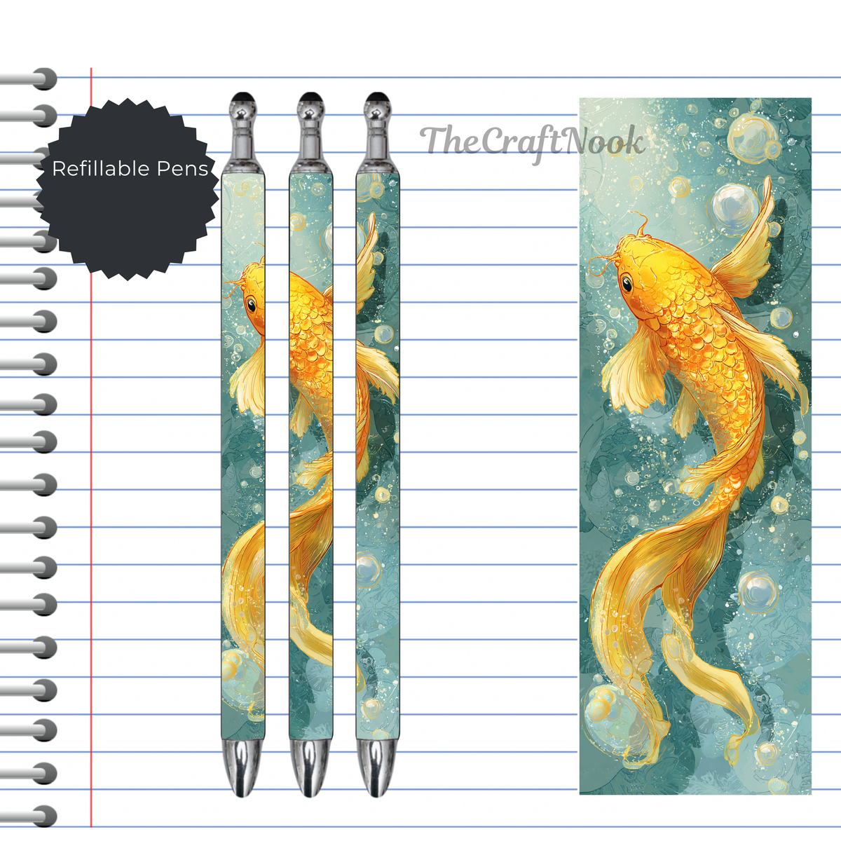 Koi Fish Refillable Pens, multiple options and Images available. TheCraftNook