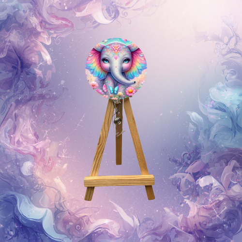 Colorful elephant badge pulls with glitter on wooden easel, perfect gift for elephant lovers.