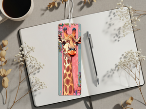 Giraffe metal bookmarks featuring playful giraffe artwork on a stylish bookmark placed on an open notebook.