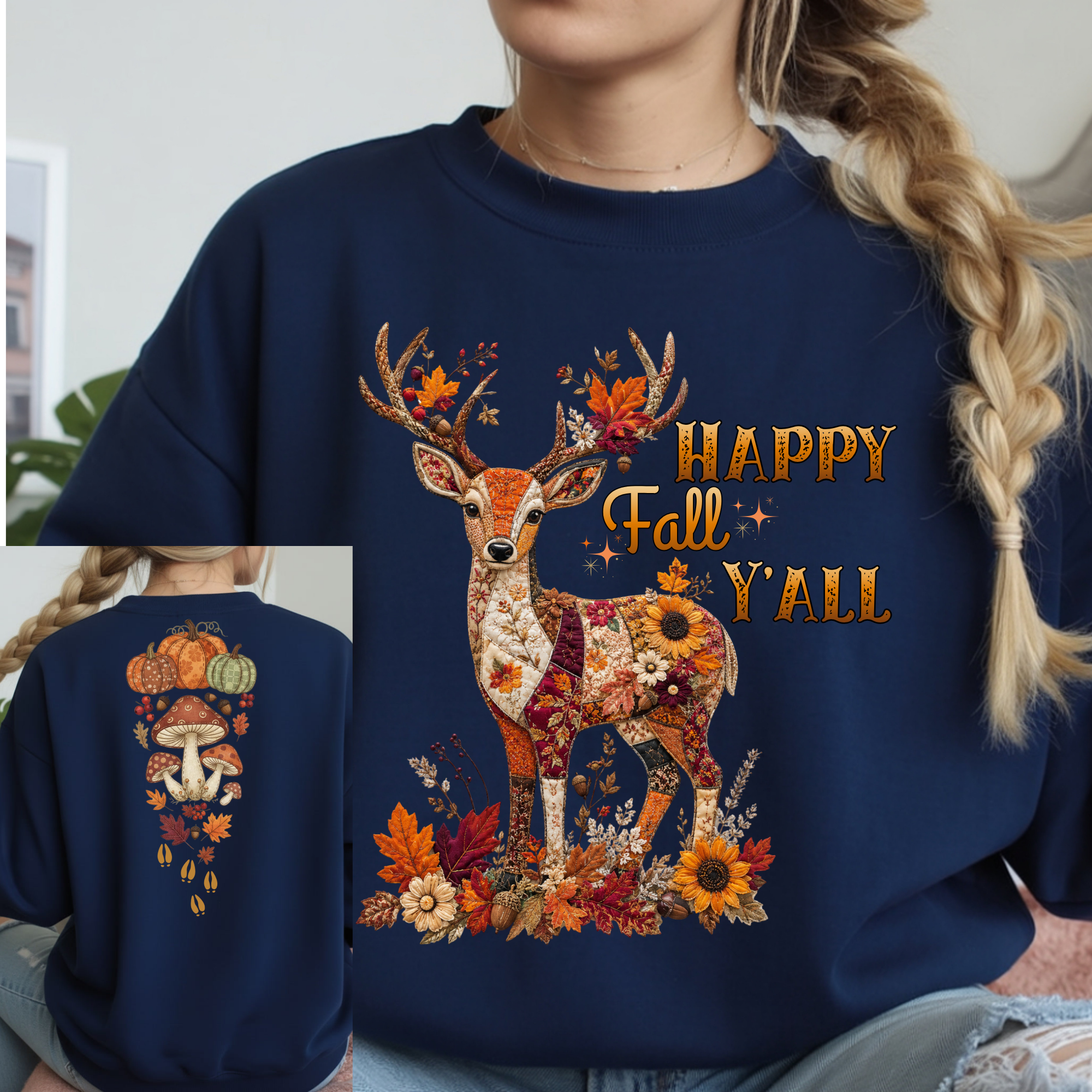 Fall deer patchwork long sleeve tee featuring vibrant autumn graphics on front and back for a seasonal statement.