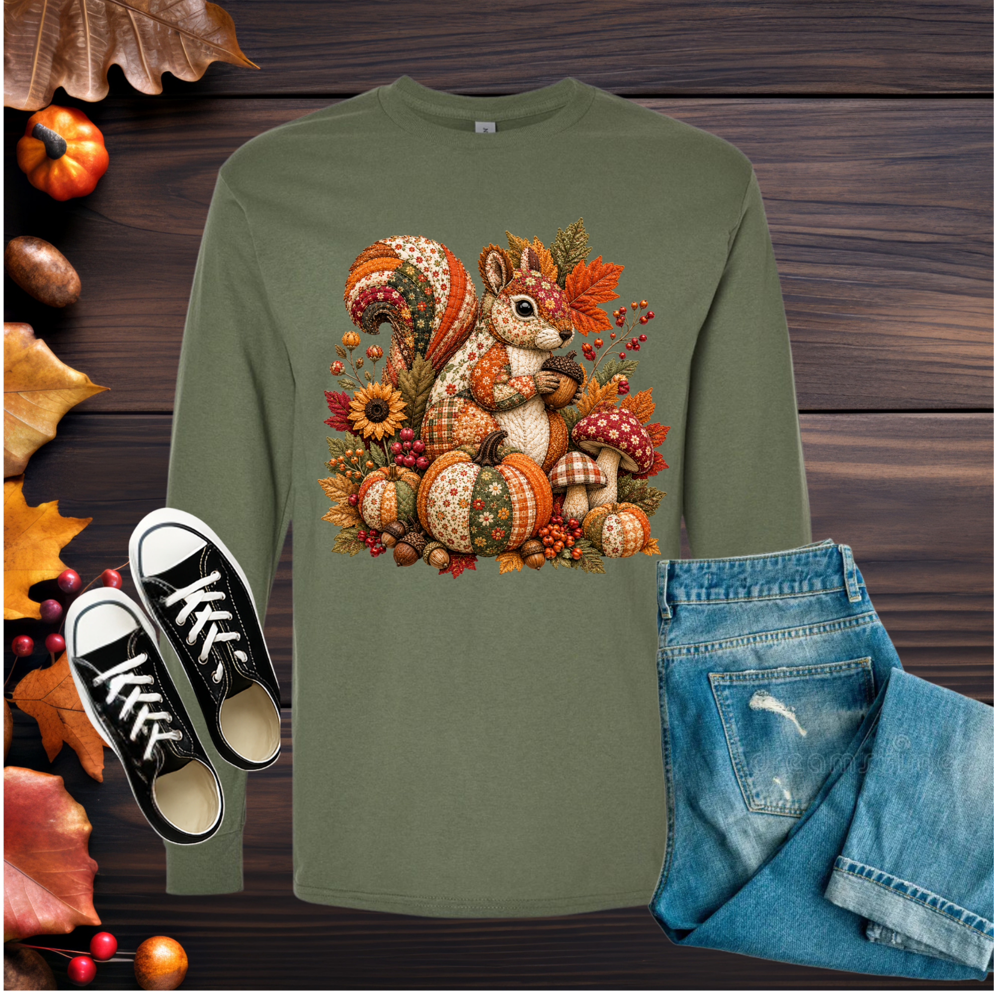 Patchwork Squirrel Long Sleeve Tee | Fall Graphic Long Sleeve Shirt
