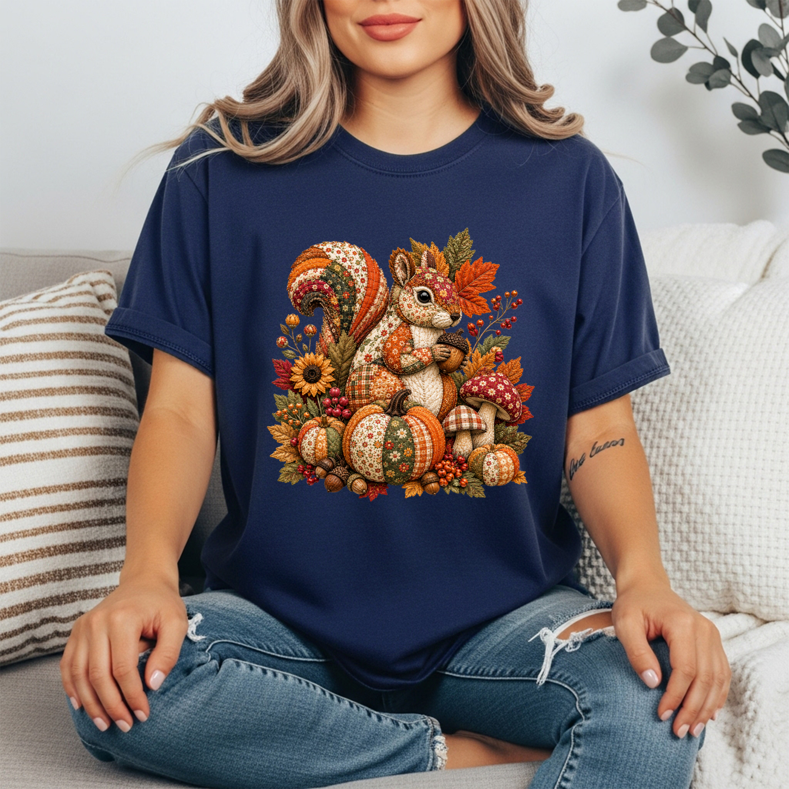 Patchwork Squirrel Tee | Cute Fall Graphic T-Shirt TheCraftNook