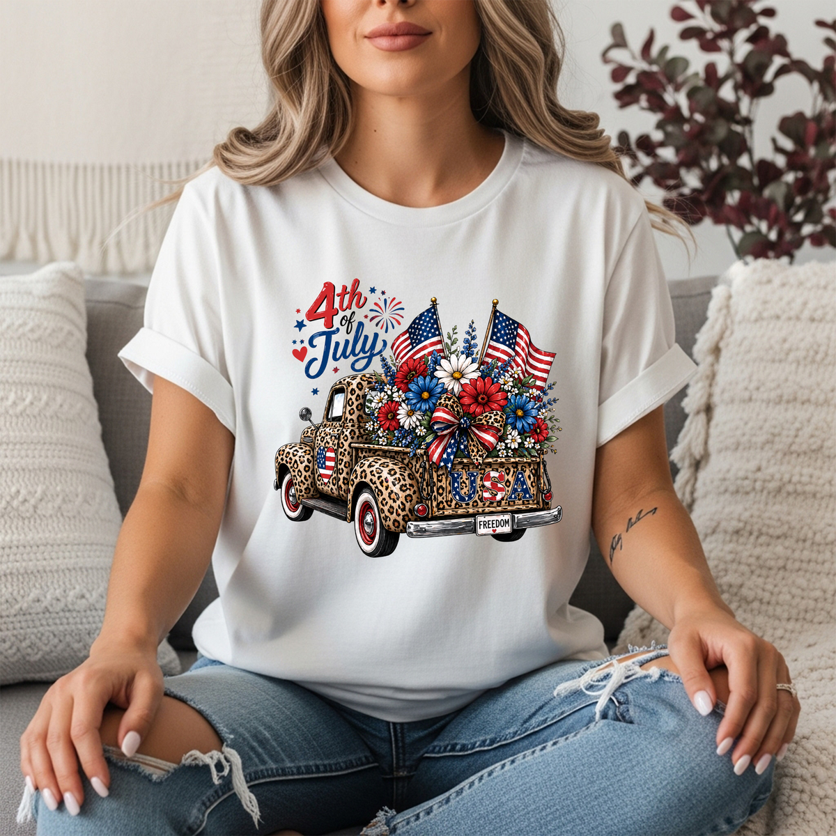 4th of July Cheetah Truck Graphic Tee TheCraftNook