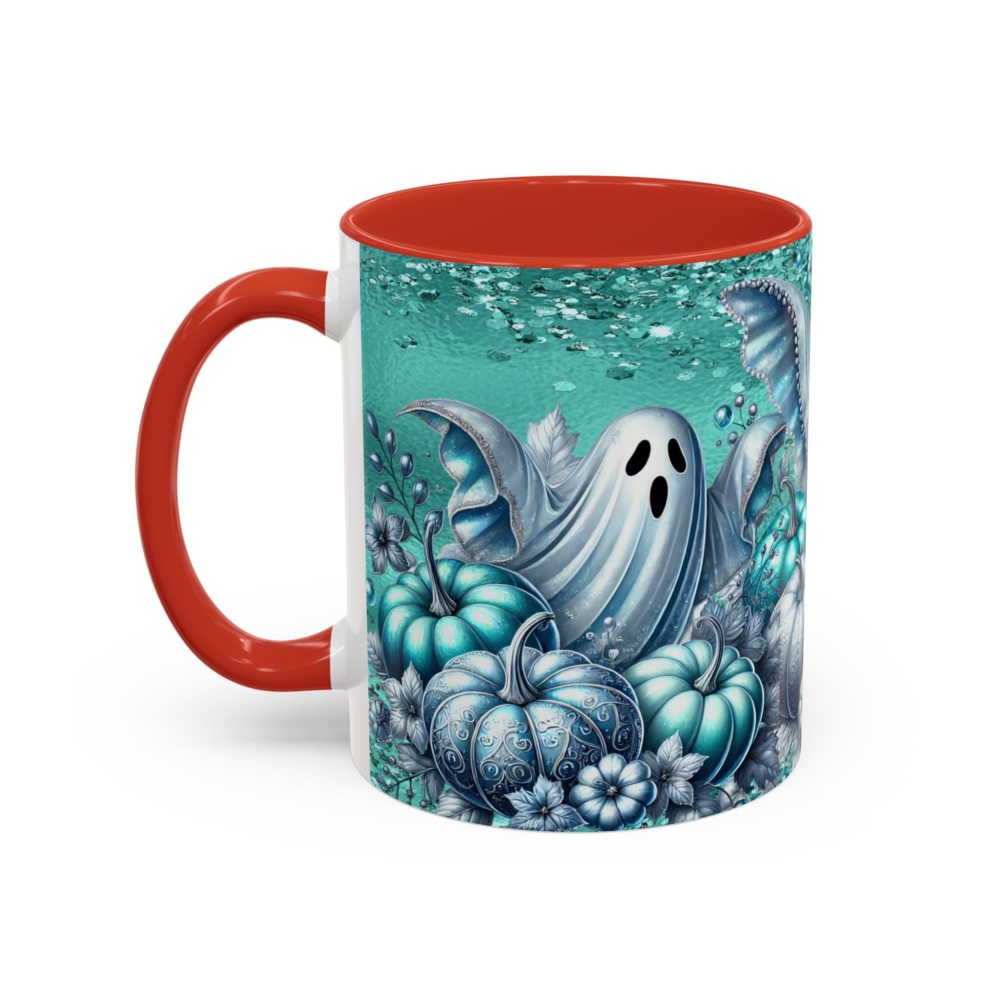 Teal Ghosts & Pumpkins Coffee Mug — Halloween Accent Mug (11/15 oz)