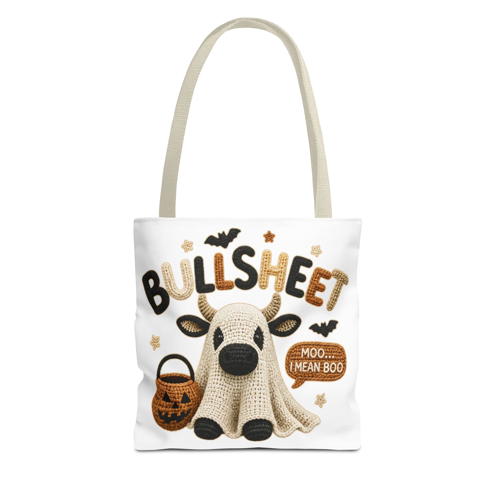 Bullsheet Halloween Faux Crochet Tote Bag — Cute Cow Ghost Trick-or-Treat Bag
