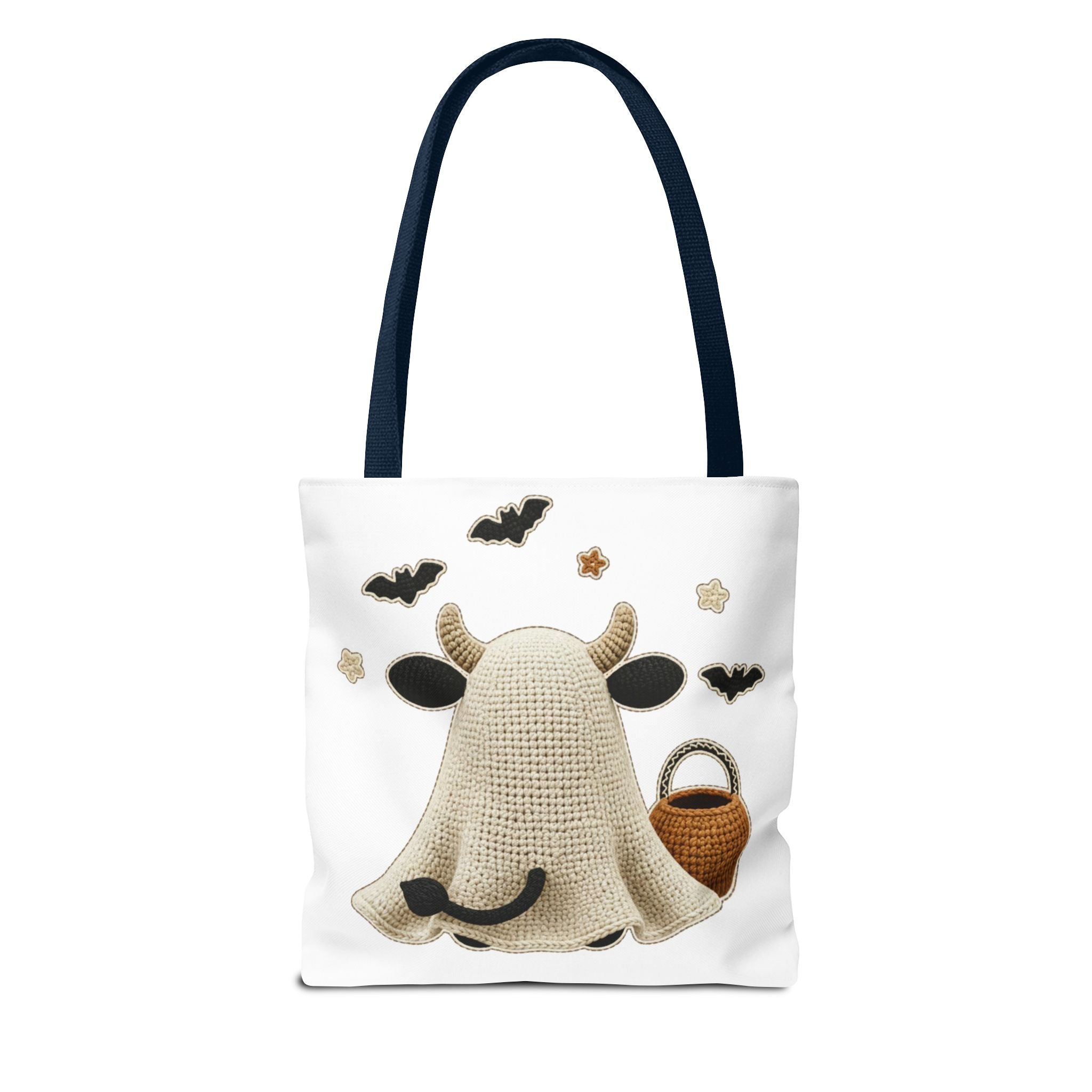 Bullsheet Halloween Faux Crochet Tote Bag — Cute Cow Ghost Trick-or-Treat Bag