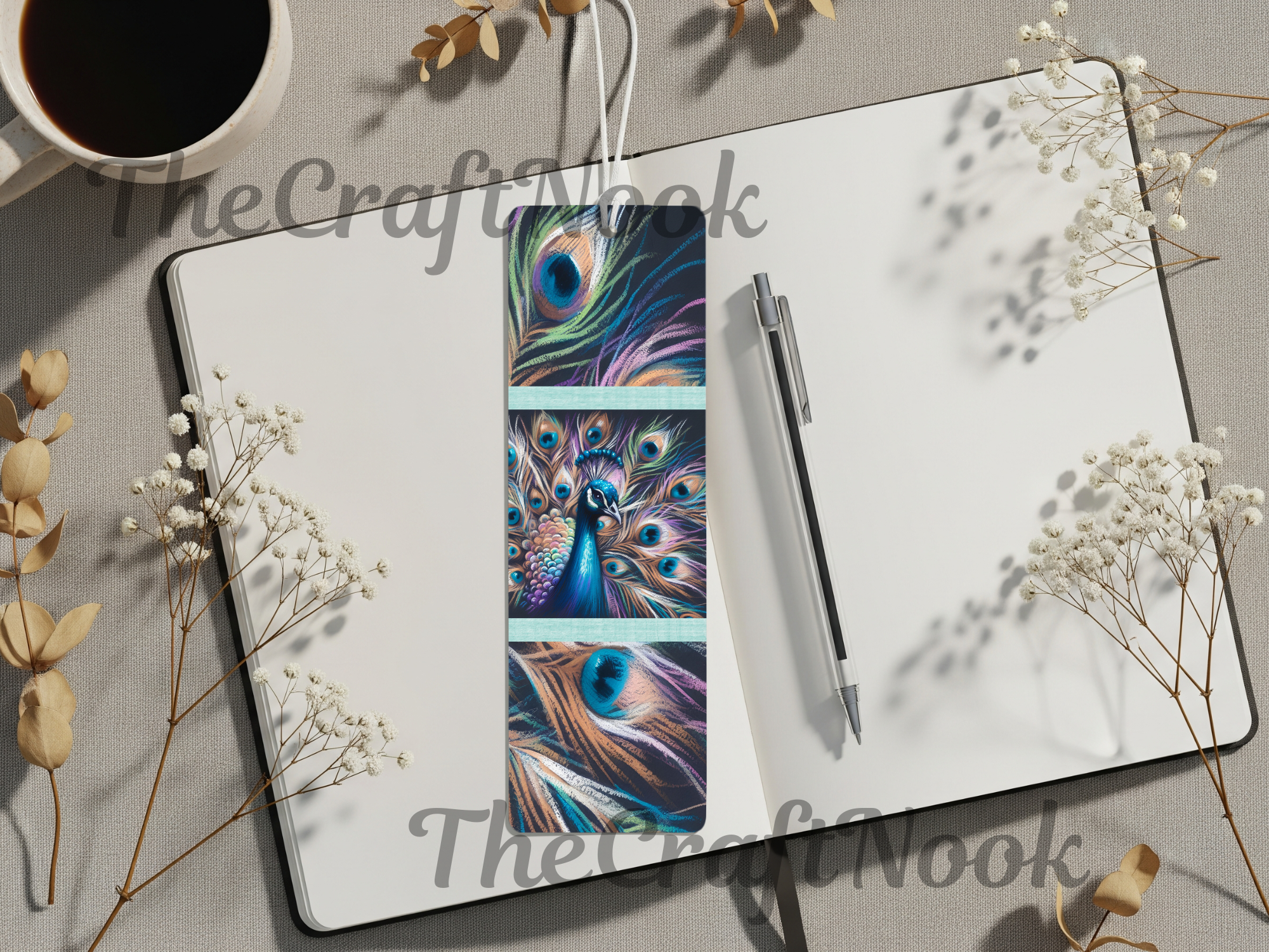 Elegant aluminum peacock bookmarks showcasing vibrant feather designs on a notebook with a cozy coffee cup.