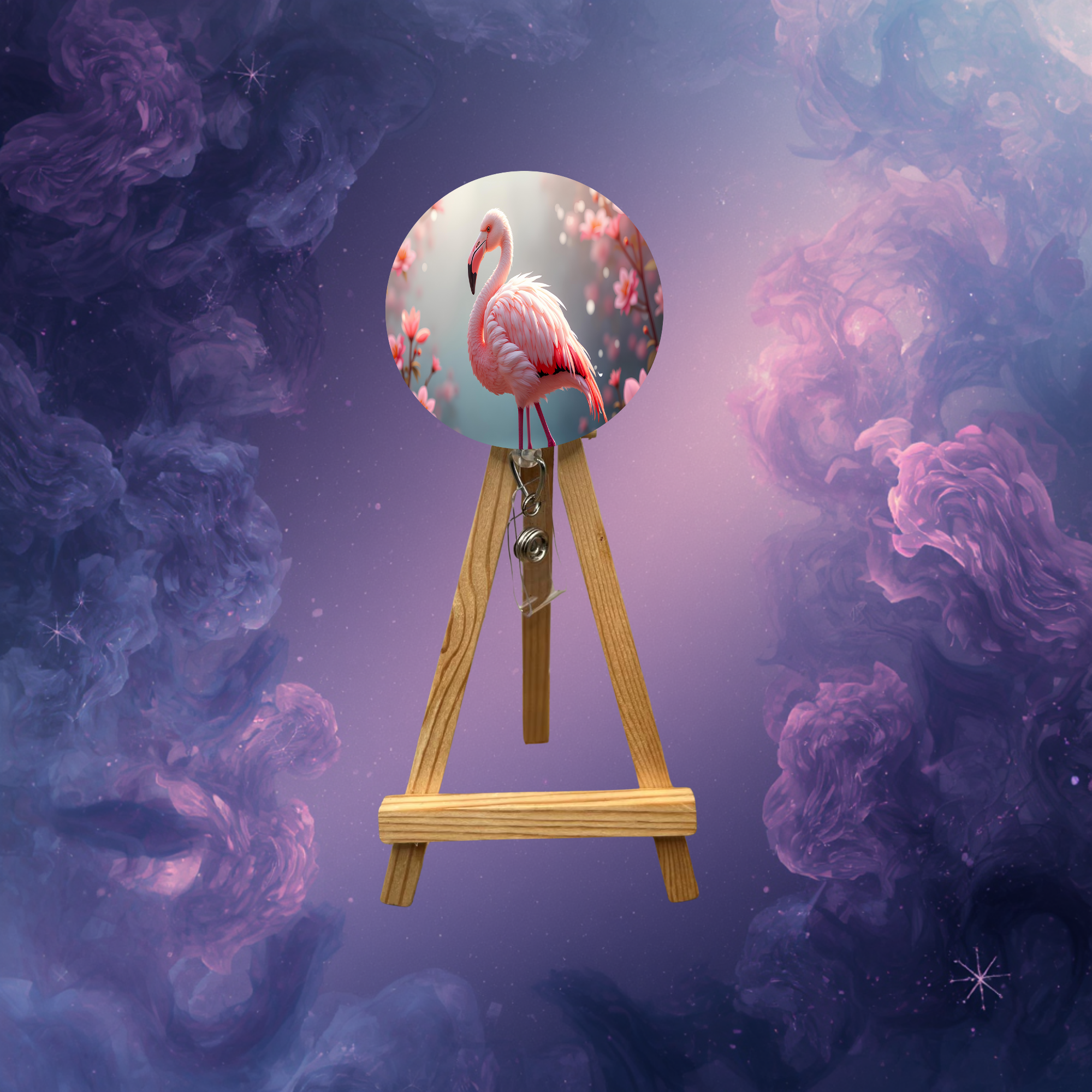 Flamingo badge pulls with beads displayed on a wooden easel against a colorful background.