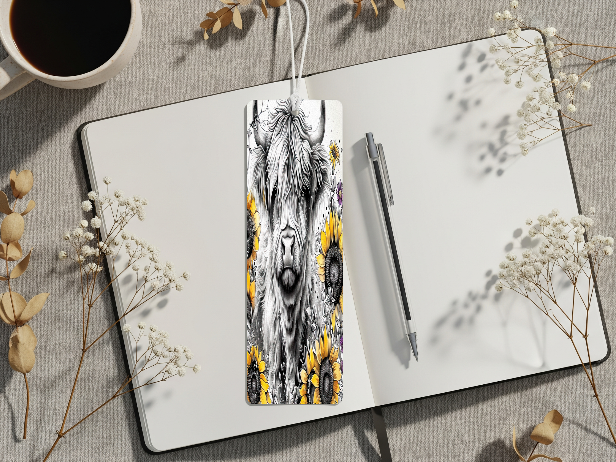 Highland cow metal bookmarks design featuring sunflowers on a notebook with a pen and coffee.